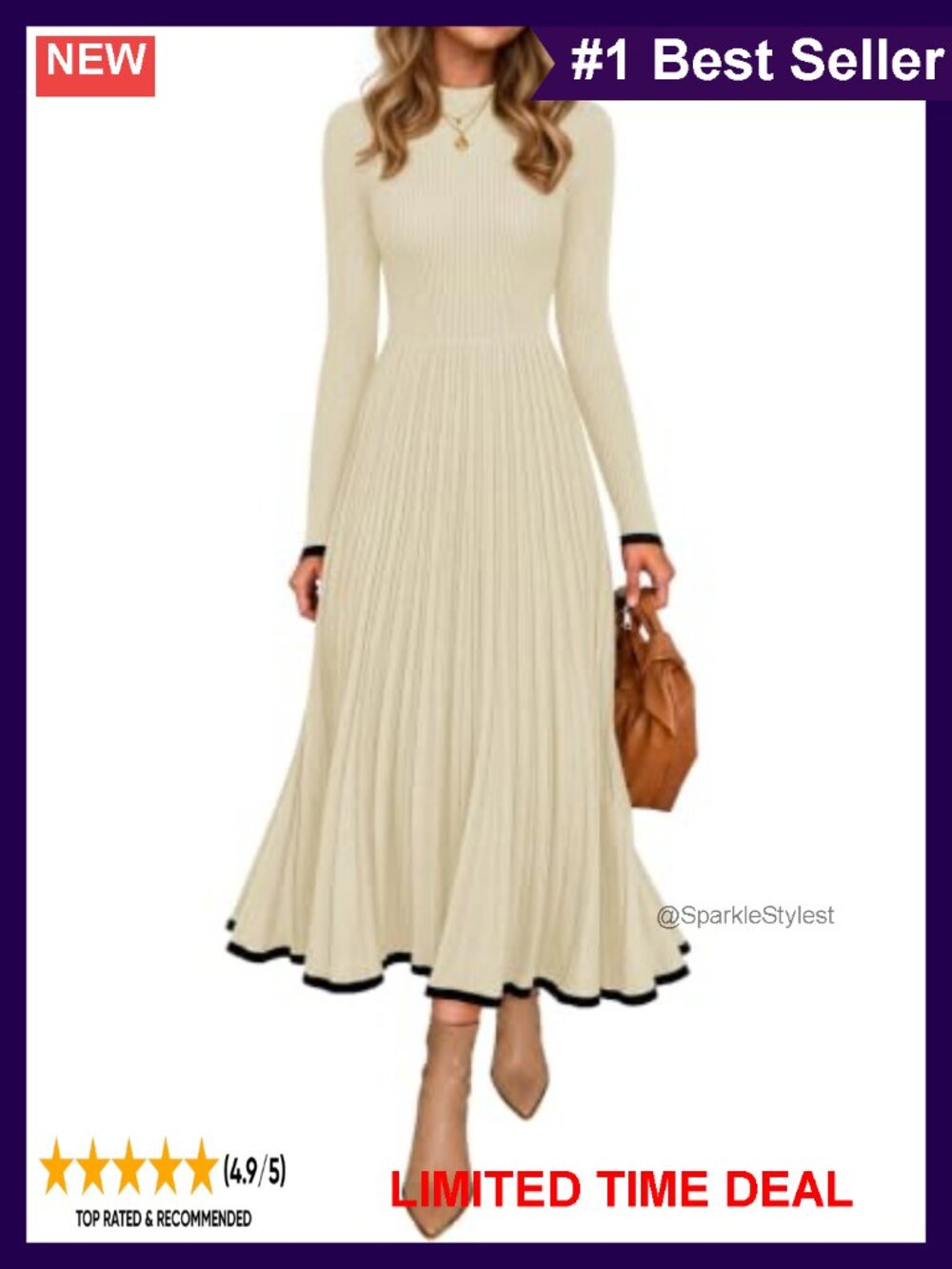 Ribbed Knit Long Sleeve Midi Sweater Dress Crew Neck A-Line